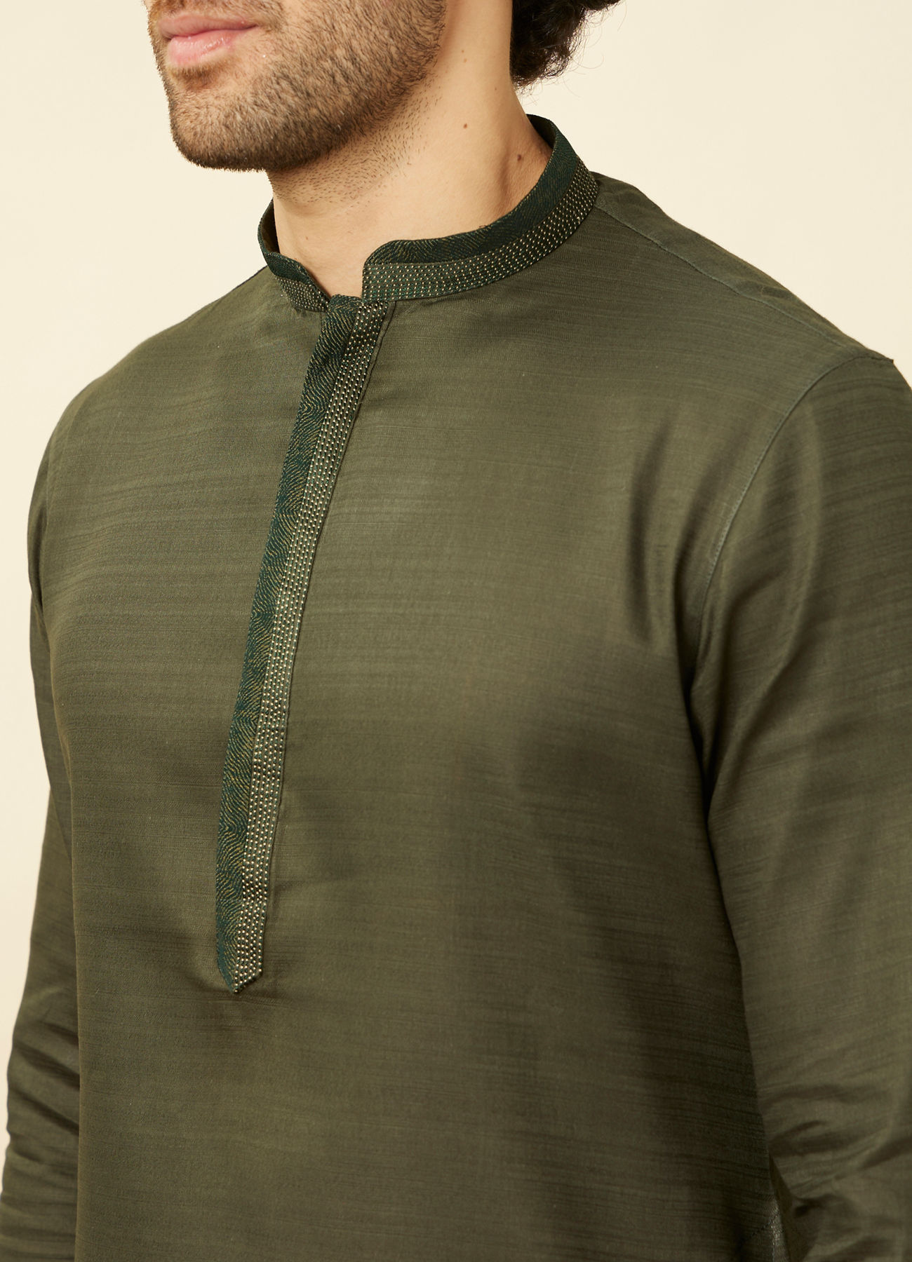 Manyavar Men Fern Green Kurta Set with Embroidered Placket and Neckline
