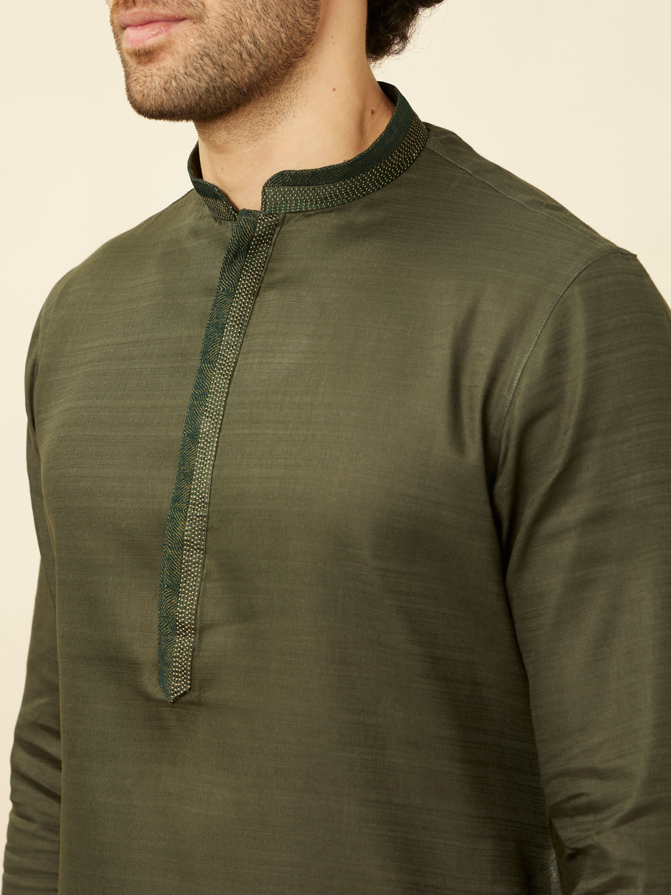 Manyavar Men Fern Green Kurta Set with Embroidered Placket and Neckline