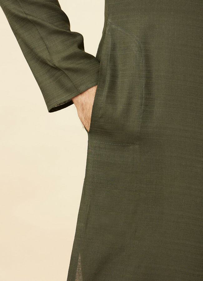 Manyavar Men Fern Green Kurta Set with Embroidered Placket and Neckline