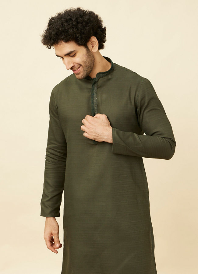 Manyavar Men Fern Green Kurta Set with Embroidered Placket and Neckline