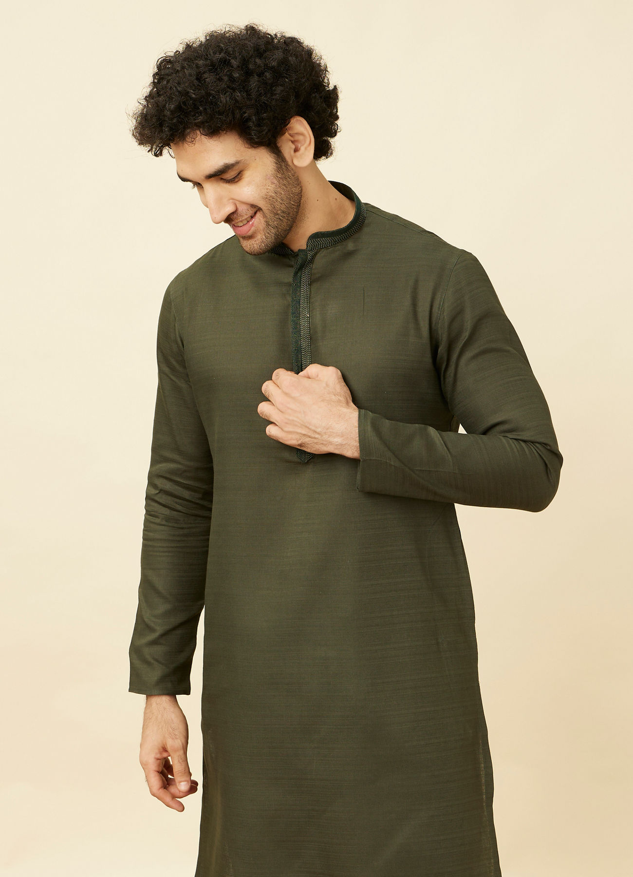 Manyavar Men Fern Green Kurta Set with Embroidered Placket and Neckline