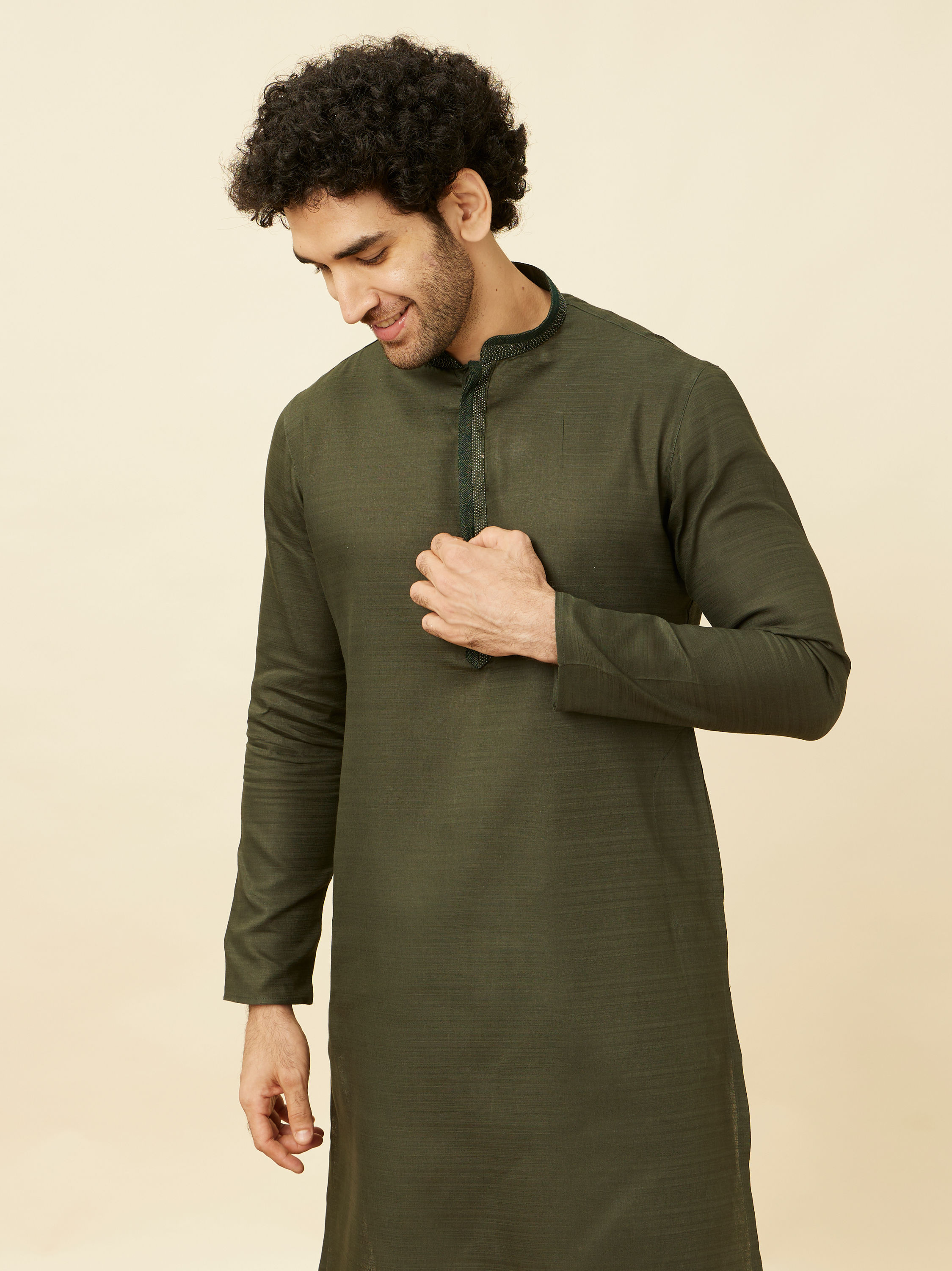 Manyavar Men Fern Green Kurta Set with Embroidered Placket and Neckline