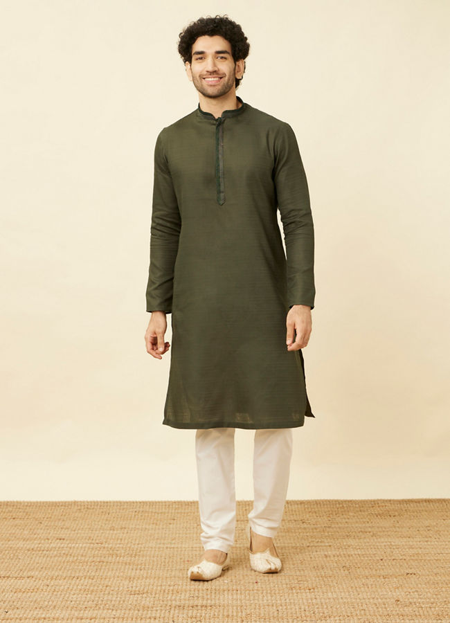 Manyavar Men Fern Green Kurta Set with Embroidered Placket and Neckline