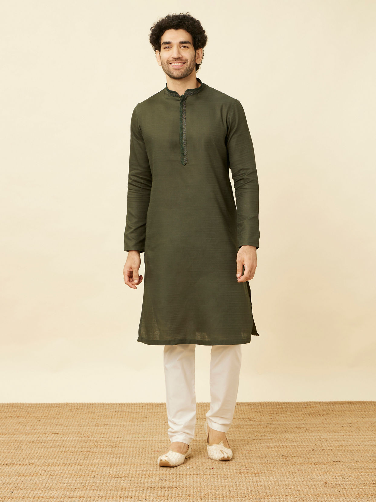 Manyavar Men Fern Green Kurta Set with Embroidered Placket and Neckline
