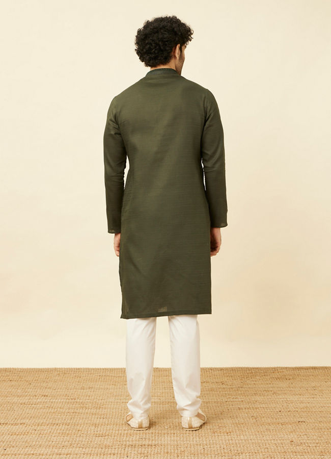 Manyavar Men Fern Green Kurta Set with Embroidered Placket and Neckline