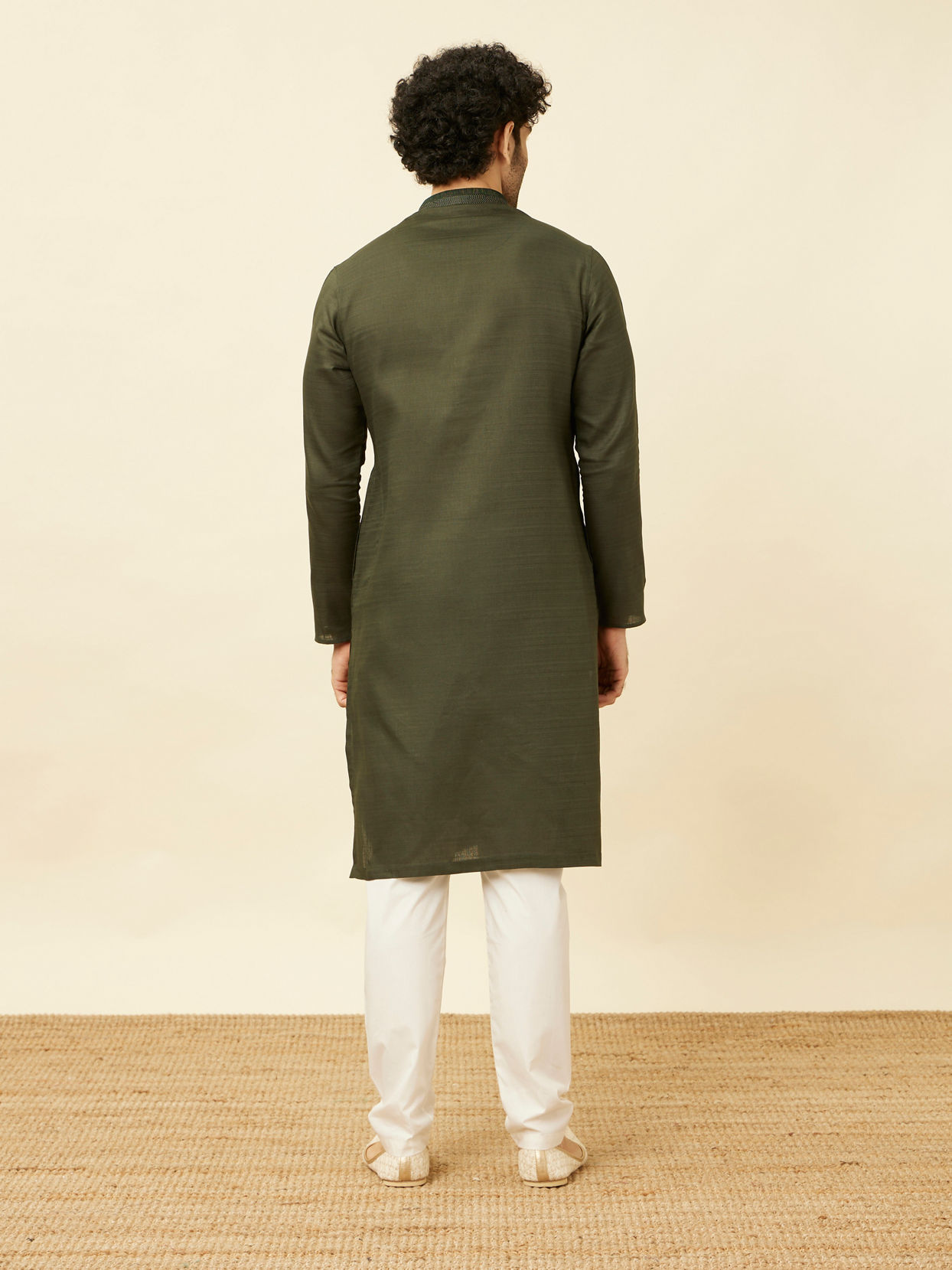 Manyavar Men Fern Green Kurta Set with Embroidered Placket and Neckline