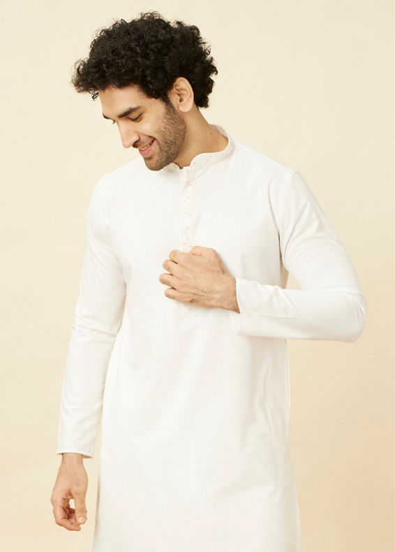 Manyavar Men Pristine White Kurta Set with Embroidered Placket and Neckline