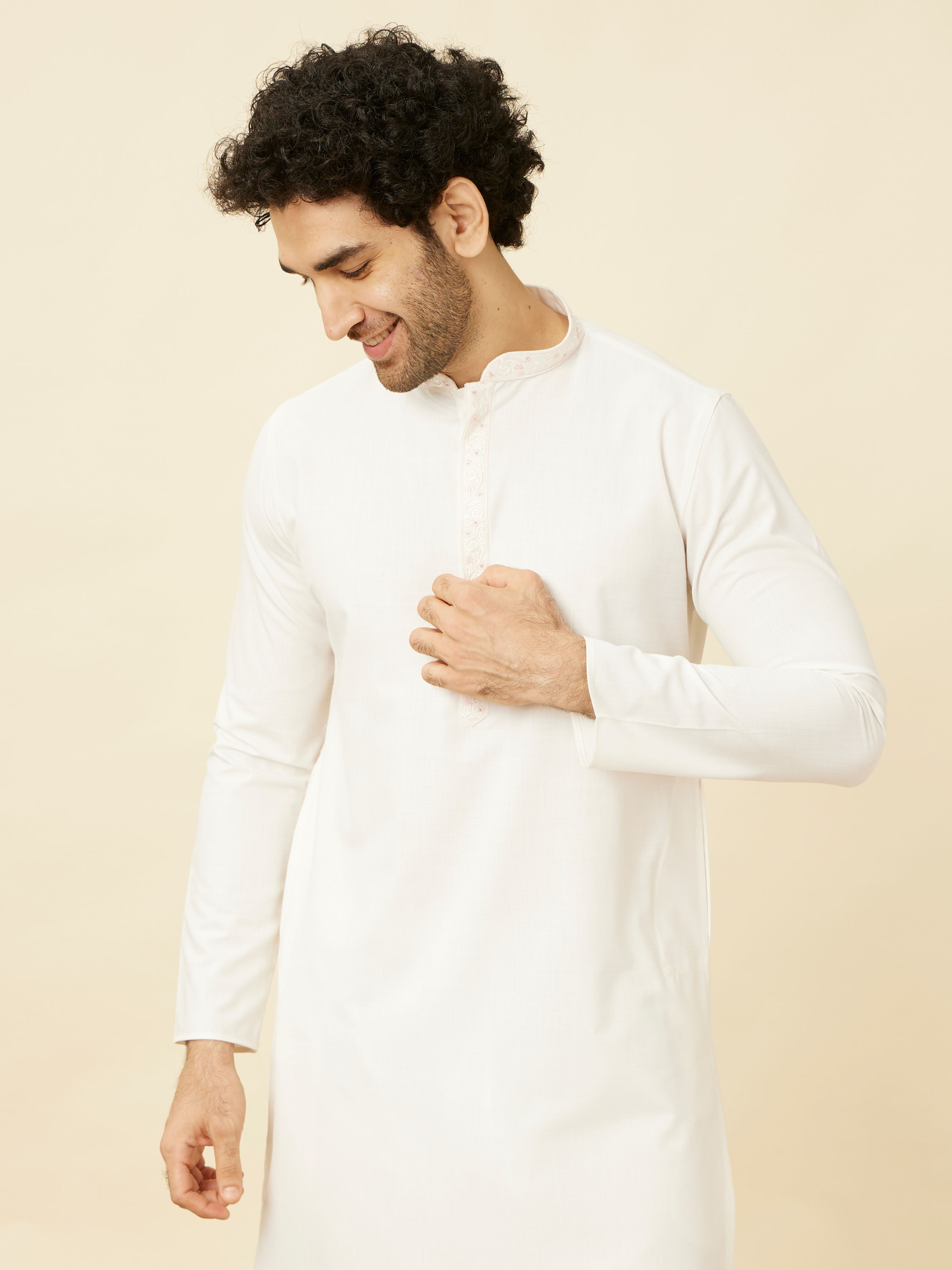 Manyavar Men Pristine White Kurta Set with Embroidered Placket and Neckline