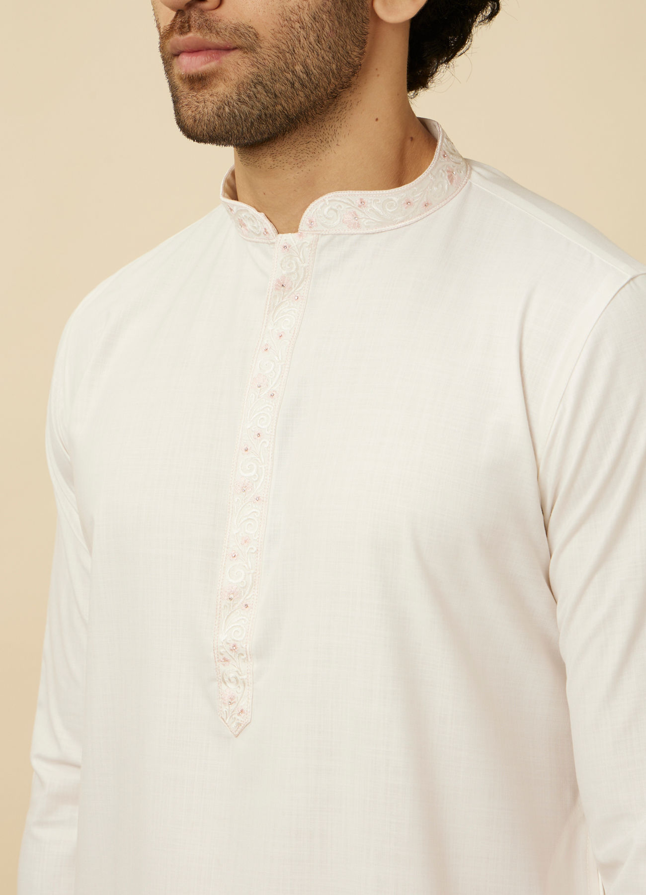 Manyavar Men Pristine White Kurta Set with Embroidered Placket and Neckline