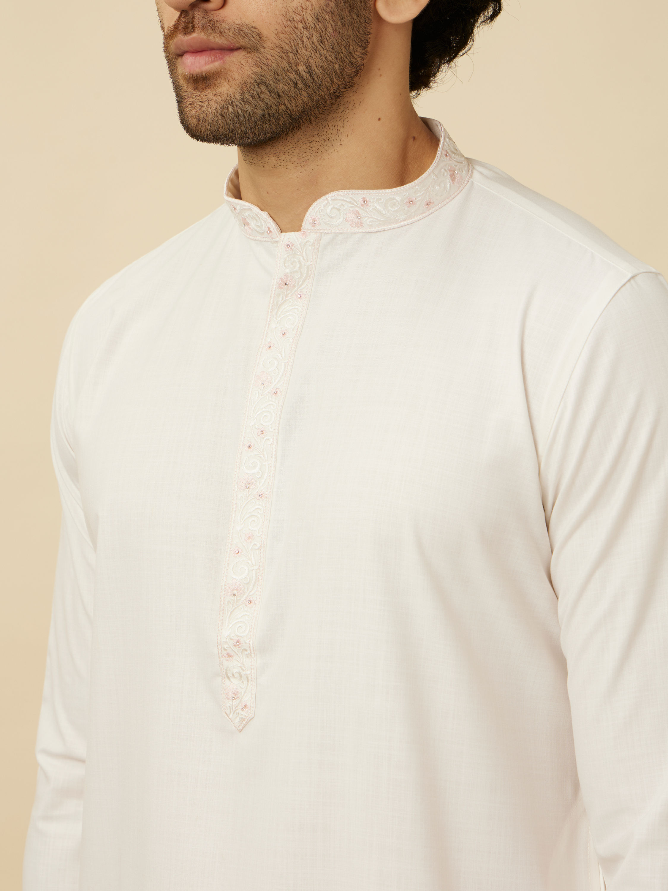 Manyavar Men Pristine White Kurta Set with Embroidered Placket and Neckline