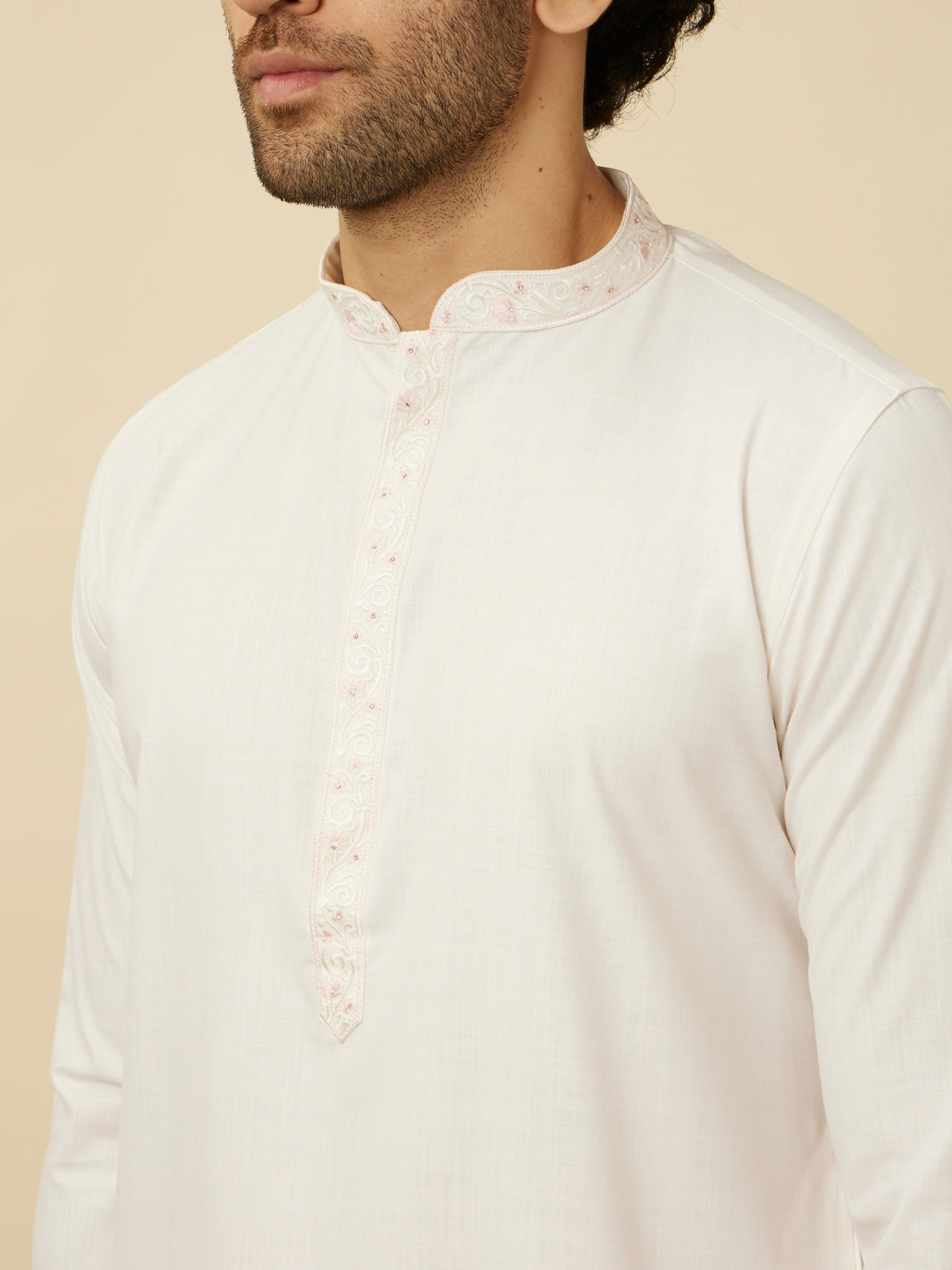 Manyavar Men Pristine White Kurta Set with Embroidered Placket and Neckline