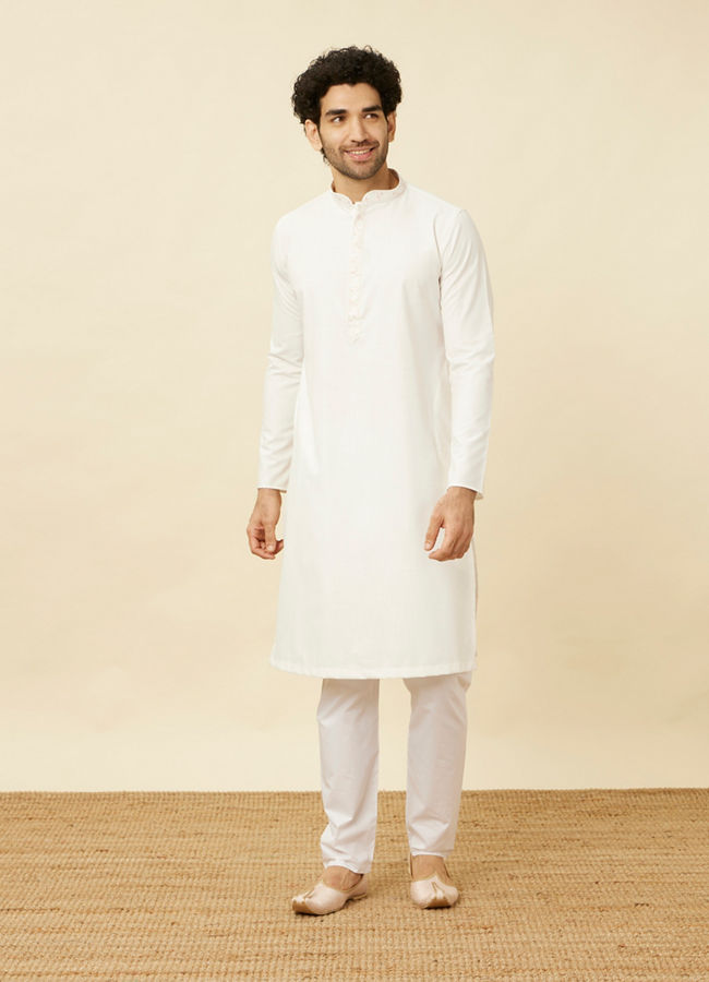 Manyavar Men Pristine White Kurta Set with Embroidered Placket and Neckline