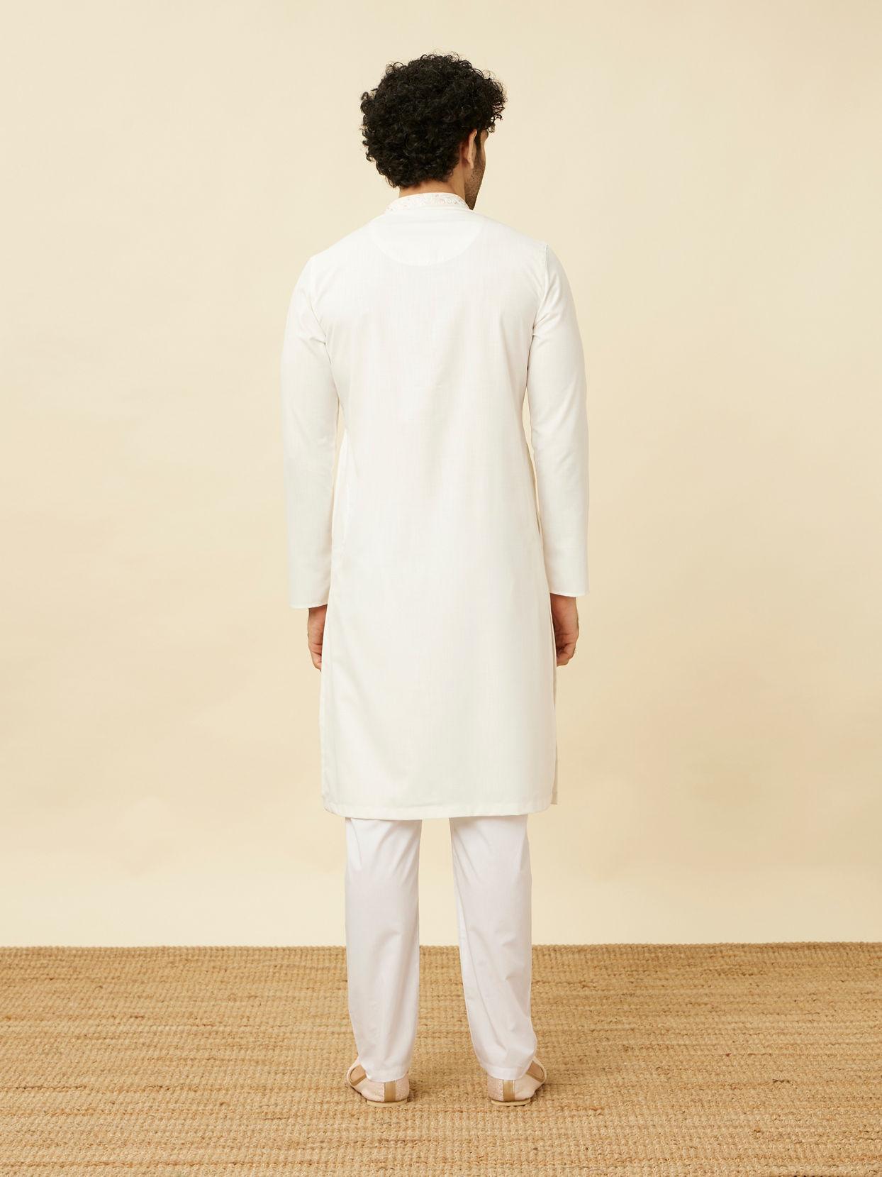 Manyavar Men Pristine White Kurta Set with Embroidered Placket and Neckline