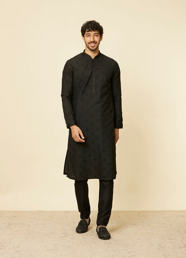 Manyavar Men Kohl Black Self Patterned Kurta Set