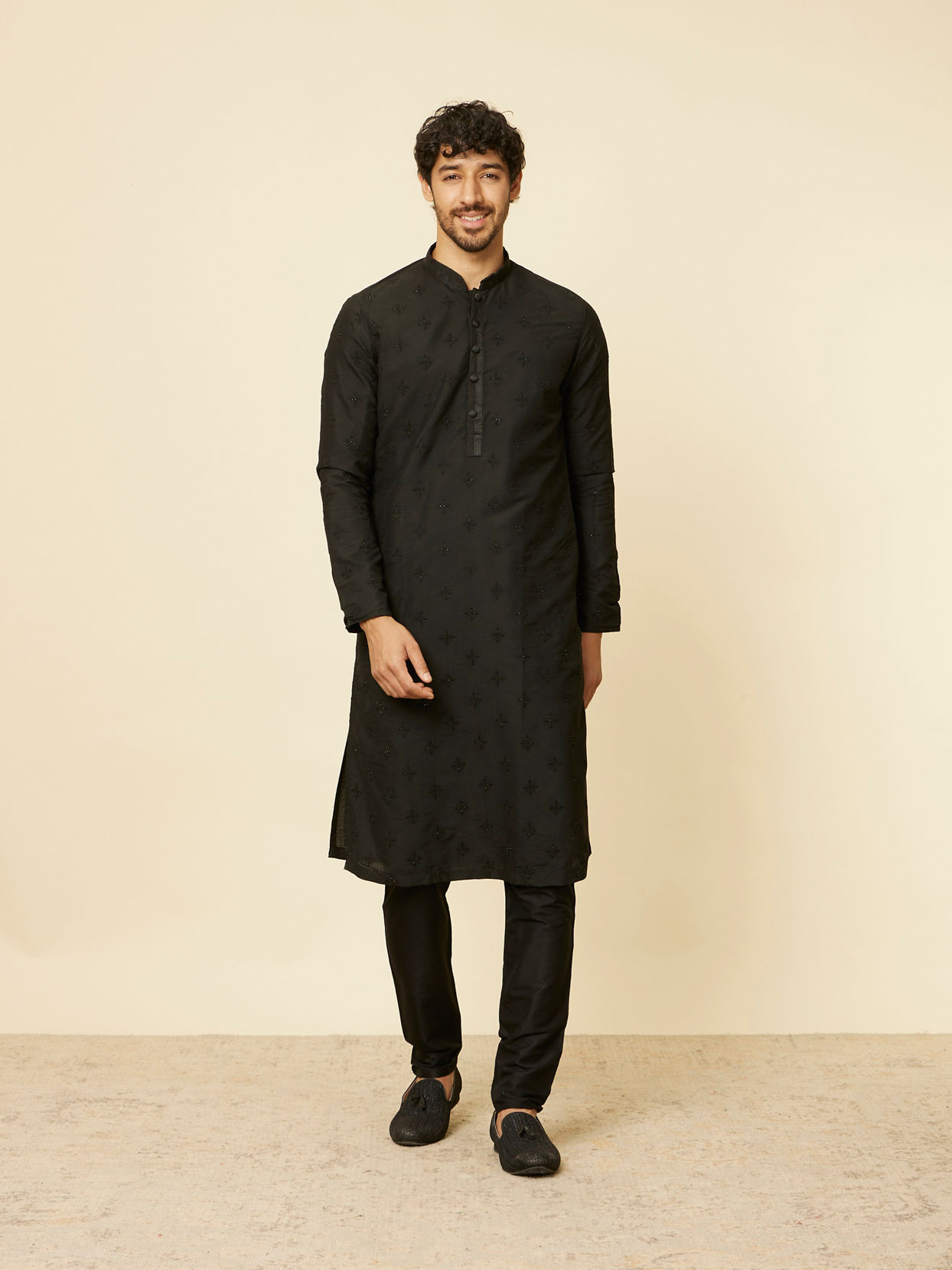 Manyavar Men Kohl Black Self Patterned Kurta Set