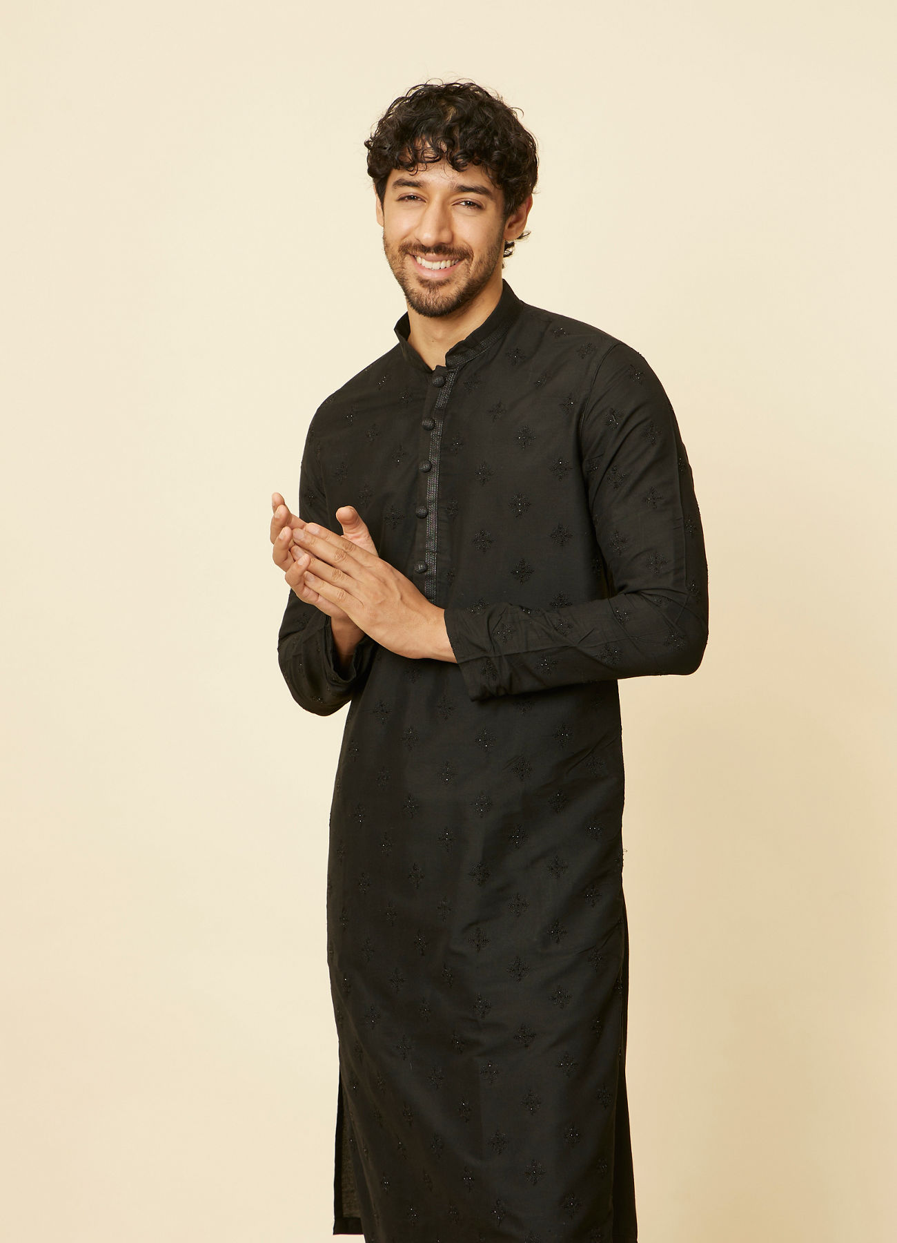 Manyavar Men Kohl Black Self Patterned Kurta Set