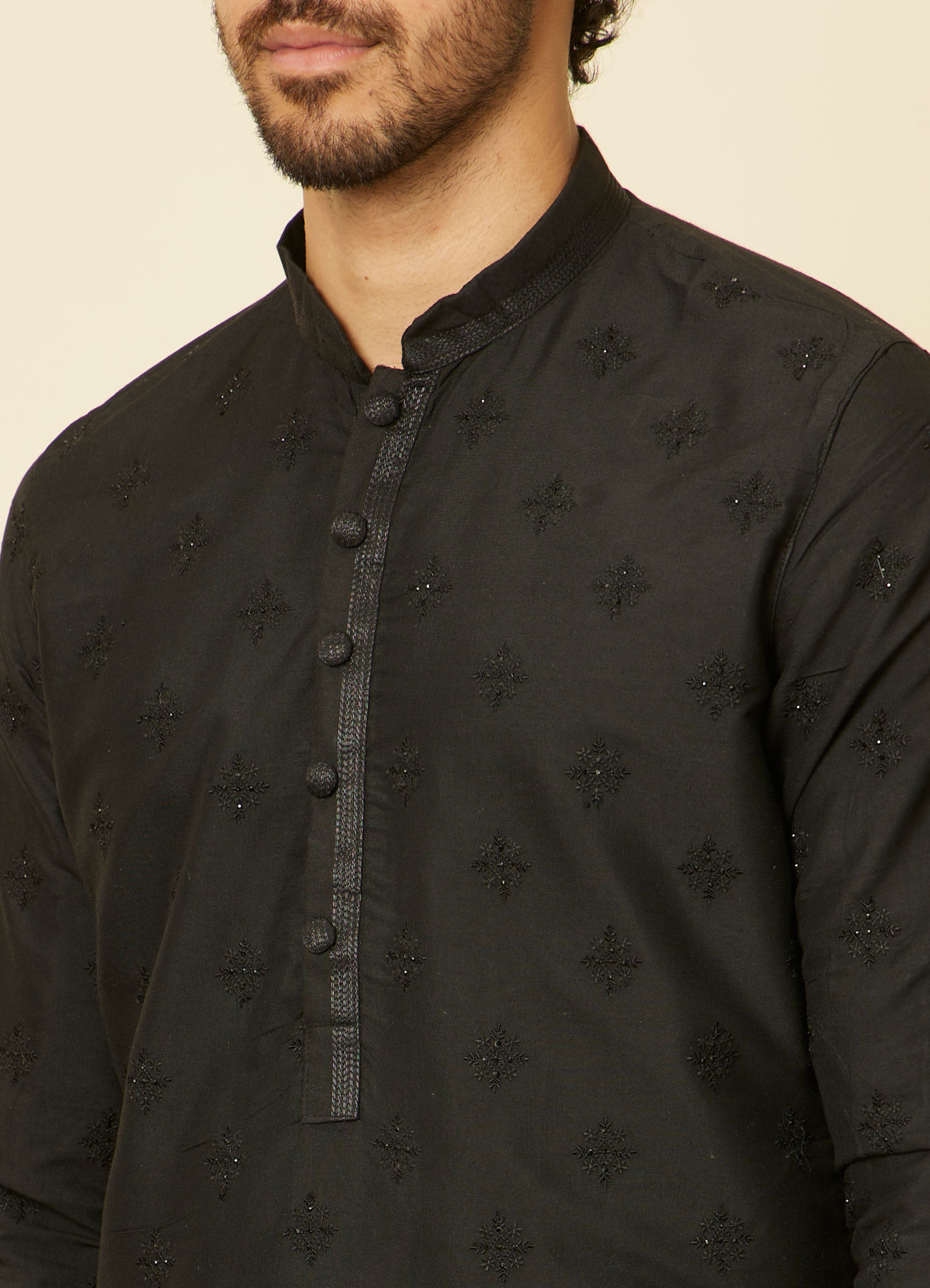 Manyavar Men Kohl Black Self Patterned Kurta Set