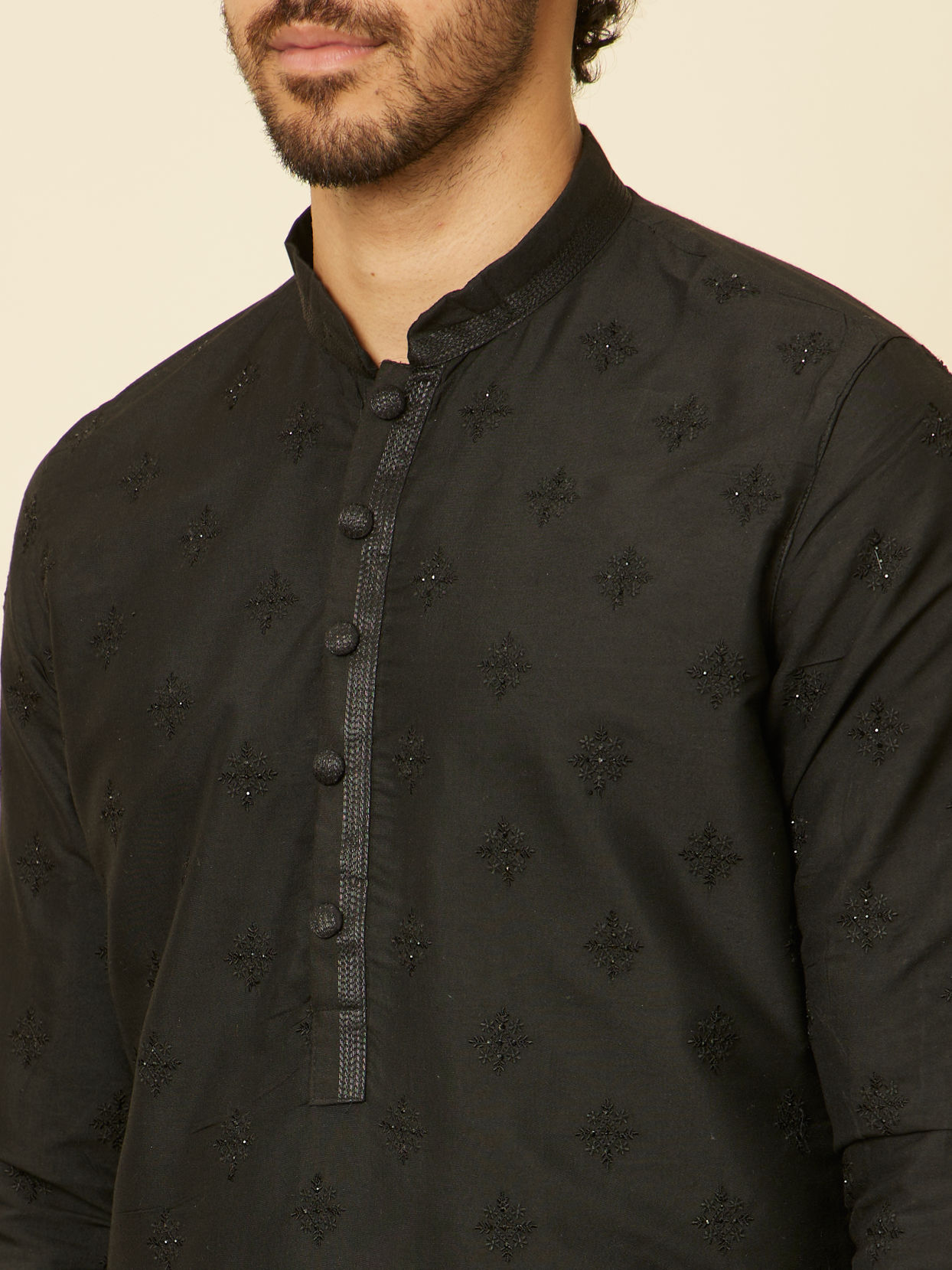 Manyavar Men Kohl Black Self Patterned Kurta Set