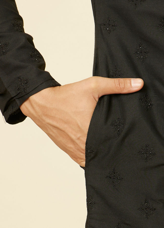 Manyavar Men Kohl Black Self Patterned Kurta Set