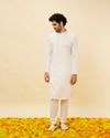 Manyavar Men Bright White Self Striped Classic Kurta Set