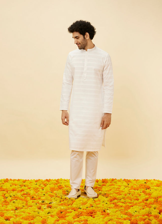 Manyavar Men Bright White Self Striped Classic Kurta Set