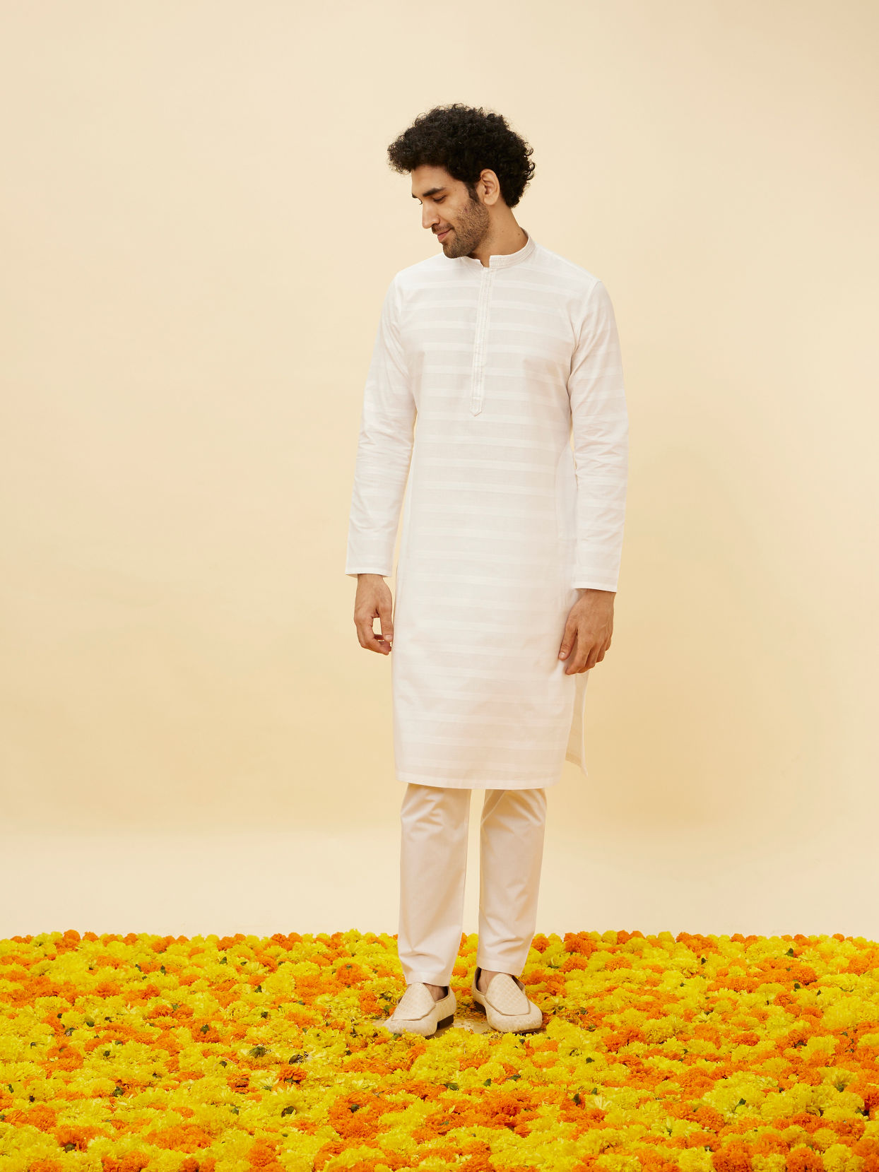 Manyavar Men Bright White Self Striped Classic Kurta Set