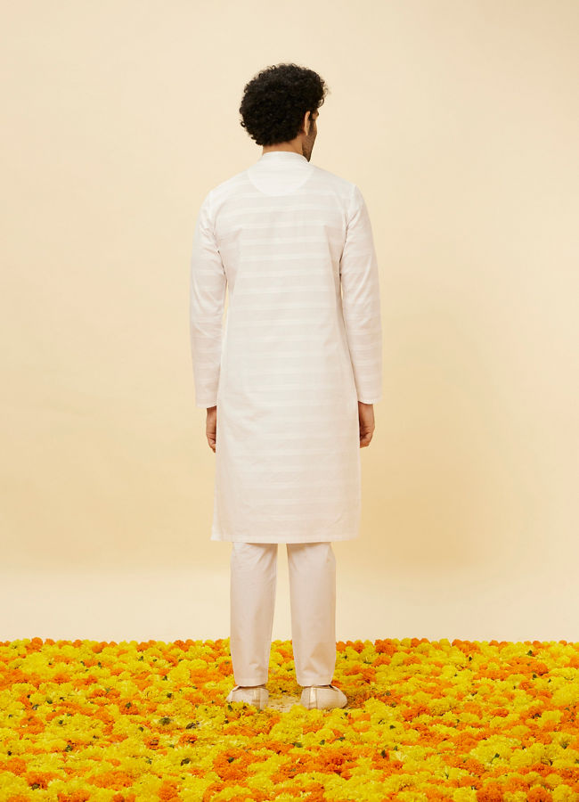 Manyavar Men Bright White Self Striped Classic Kurta Set