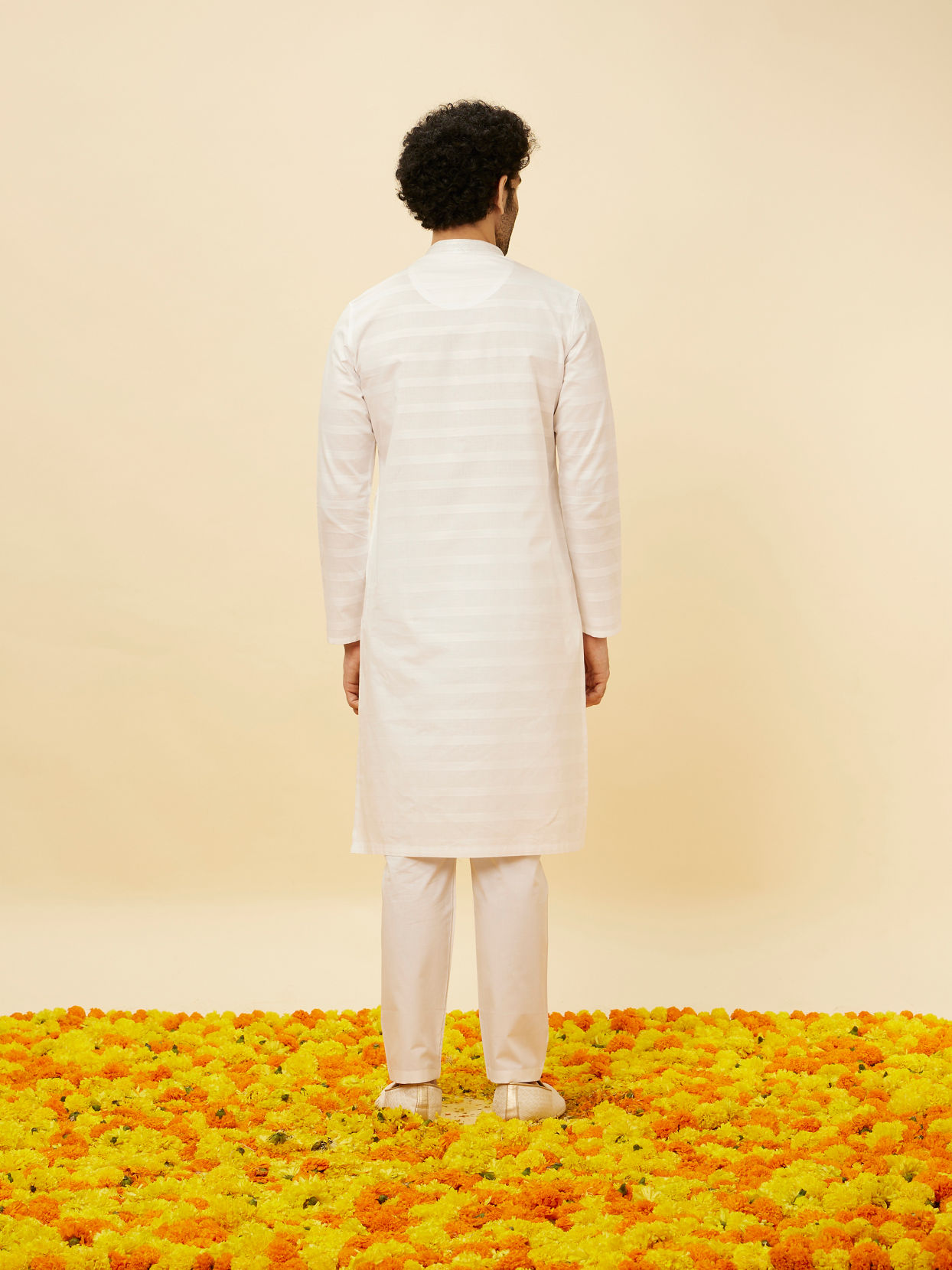 Manyavar Men Bright White Self Striped Classic Kurta Set