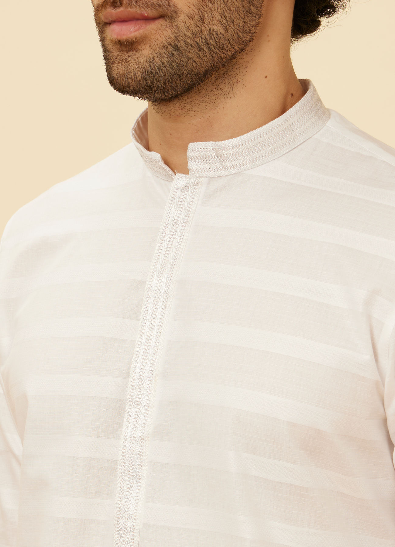 Manyavar Men Bright White Self Striped Classic Kurta Set