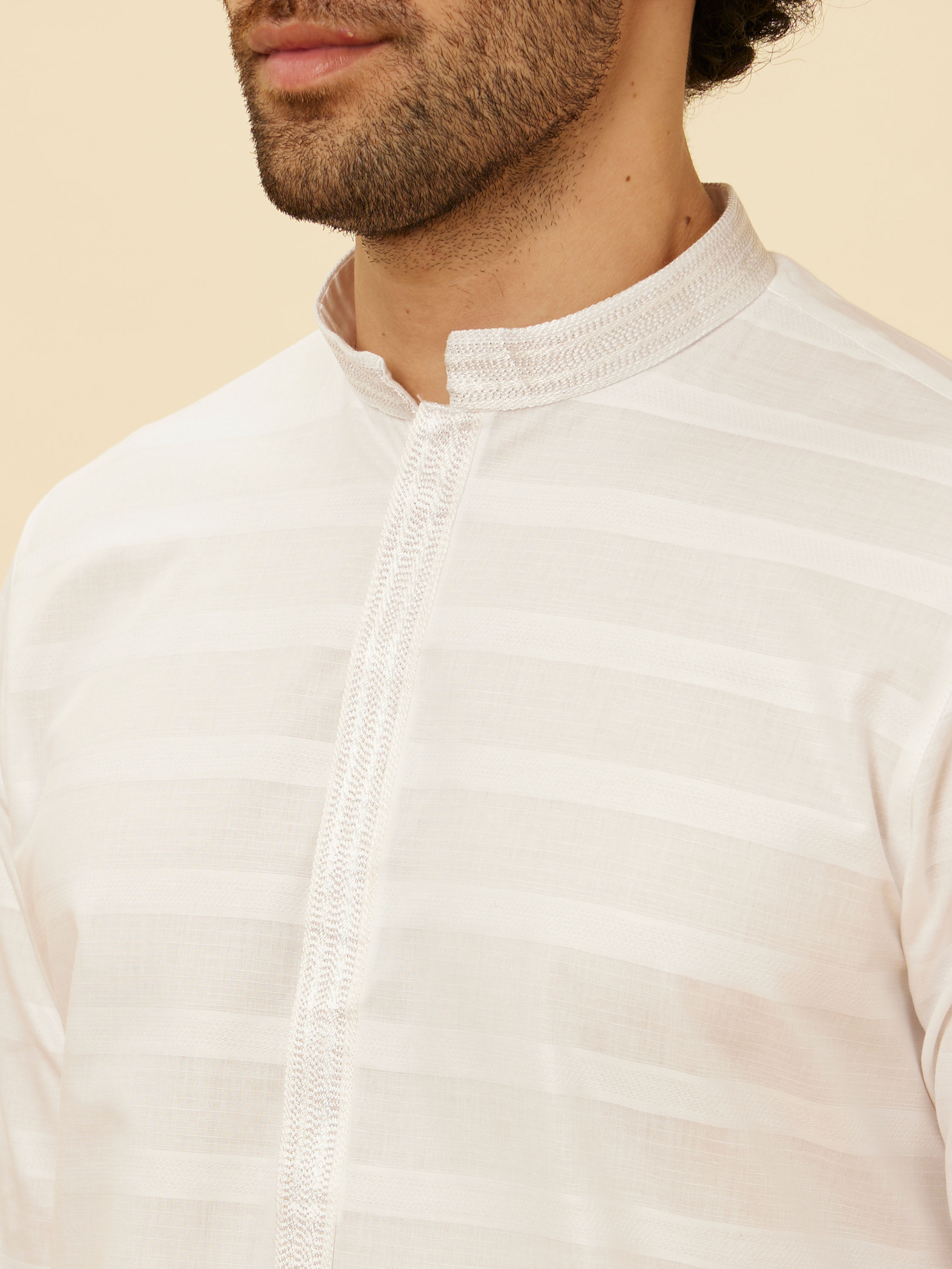Manyavar Men Bright White Self Striped Classic Kurta Set