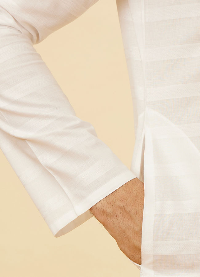Manyavar Men Bright White Self Striped Classic Kurta Set