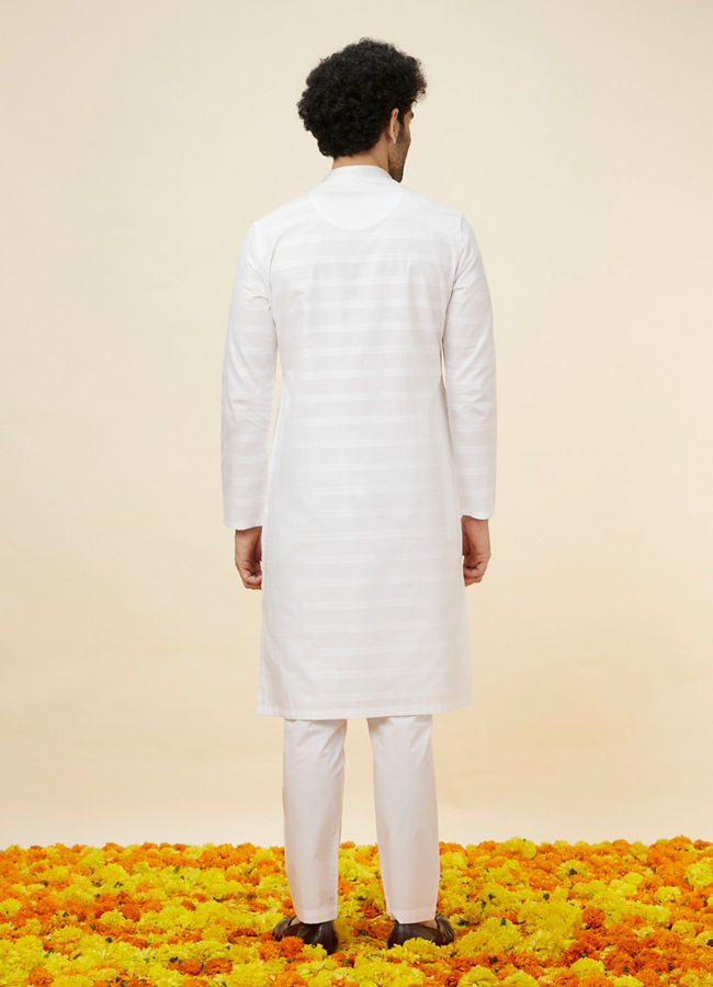 Manyavar Men Bright White Self Striped Classic Kurta Set