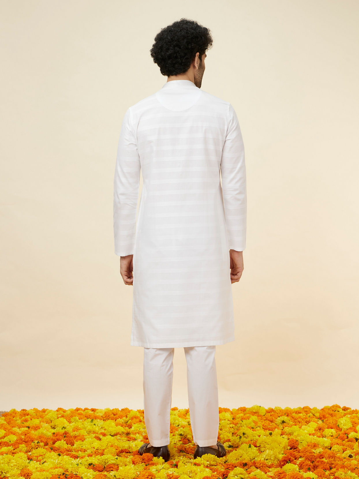 Manyavar Men Bright White Self Striped Classic Kurta Set