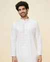 Manyavar Men Bright White Self Striped Classic Kurta Set
