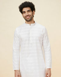 Manyavar Men Bright White Self Striped Classic Kurta Set