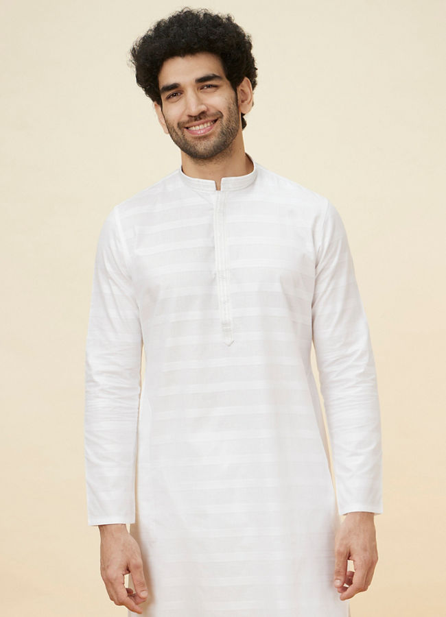 alt message - Manyavar Men Bright White Self Striped Classic Kurta Set image number 0