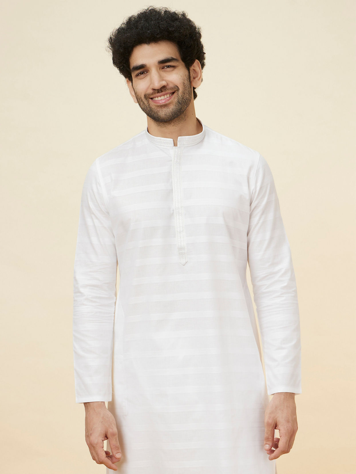 alt message - Manyavar Men Bright White Self Striped Classic Kurta Set image number 0