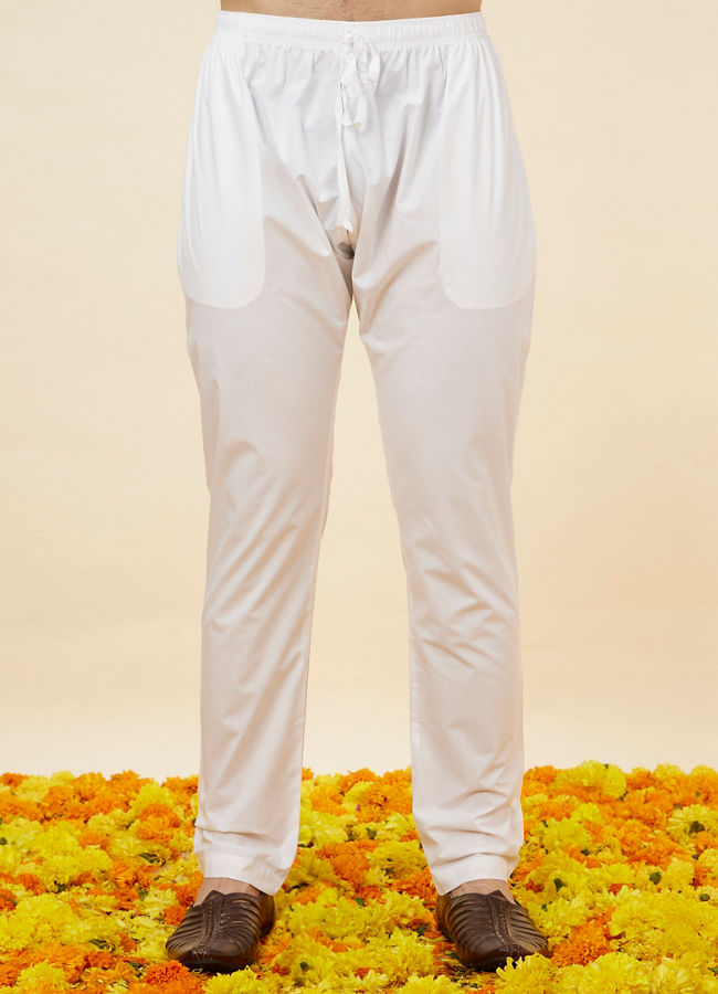 Manyavar Men Bright White Self Striped Classic Kurta Set