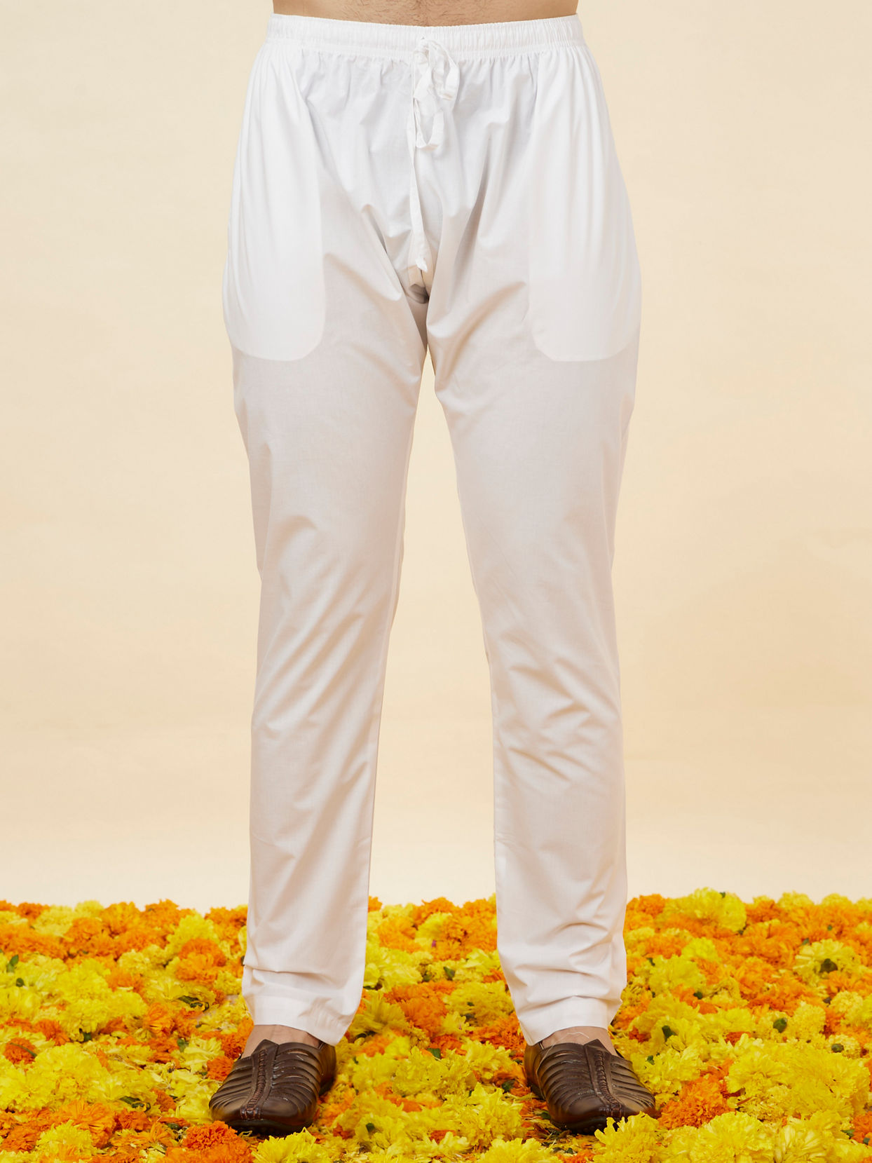 Manyavar Men Bright White Self Striped Classic Kurta Set