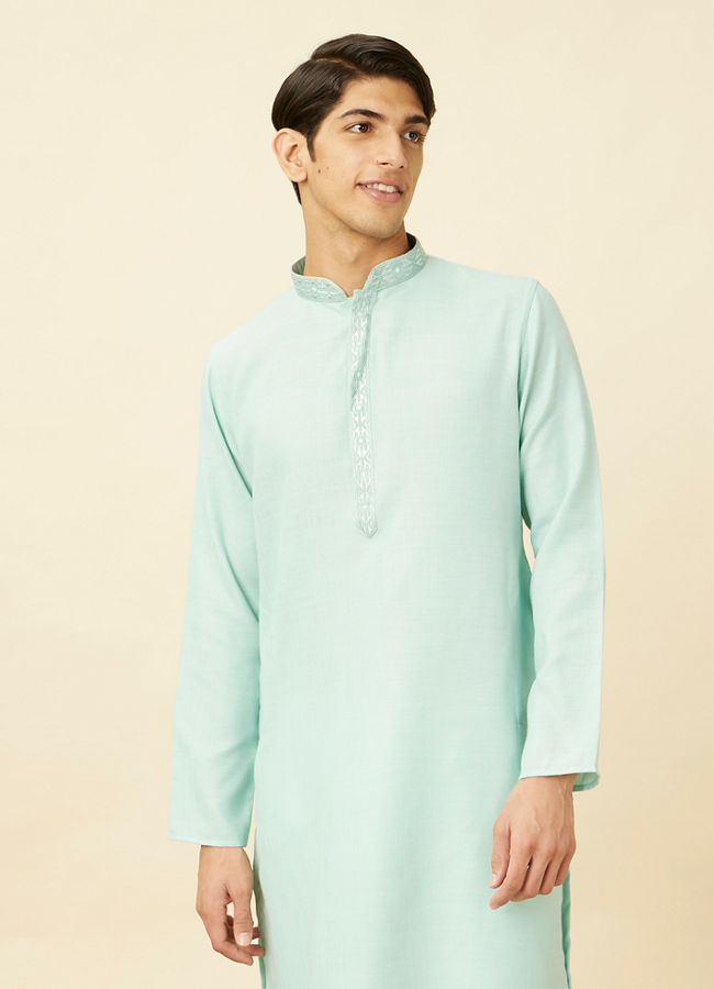 Manyavar Men Tropical Blue Embroidered Neckline Kurta Set