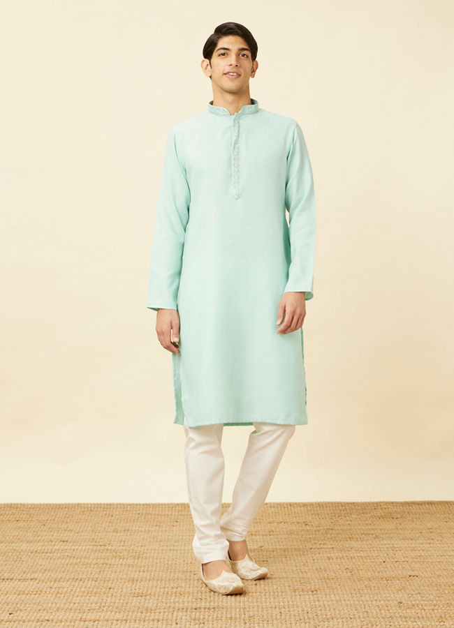 Manyavar Men Tropical Blue Embroidered Neckline Kurta Set