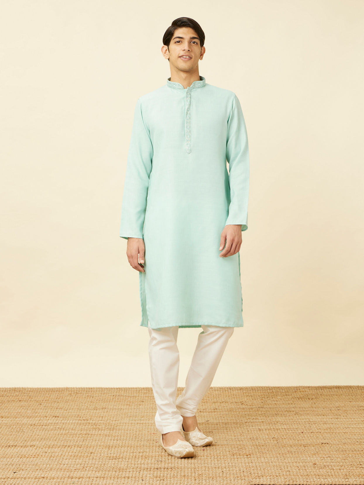 Manyavar Men Tropical Blue Embroidered Neckline Kurta Set