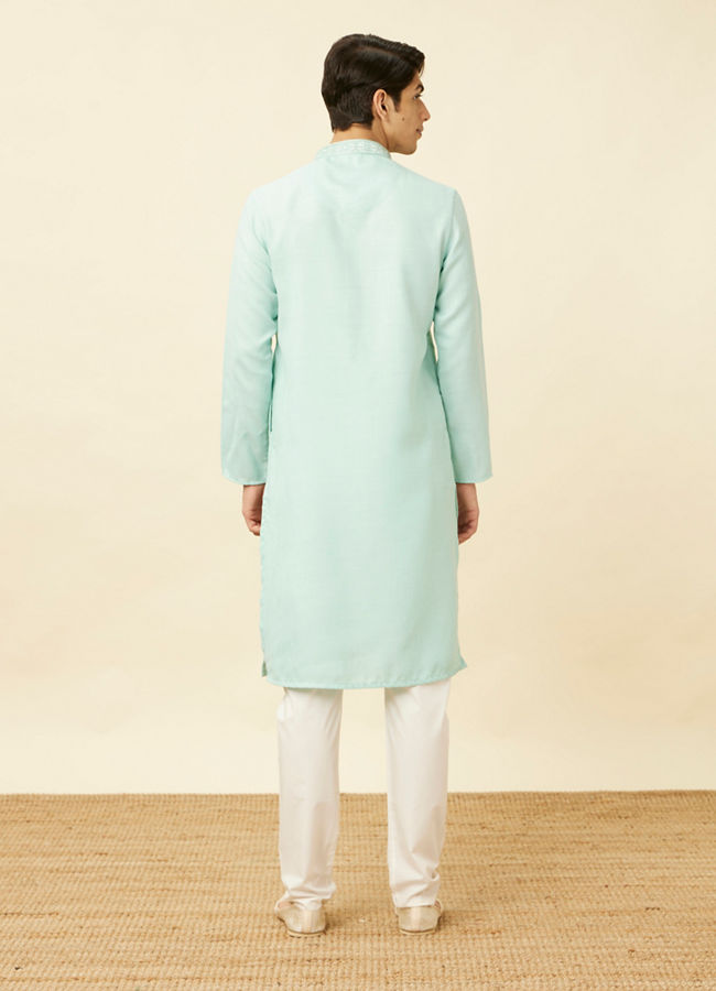 Manyavar Men Tropical Blue Embroidered Neckline Kurta Set