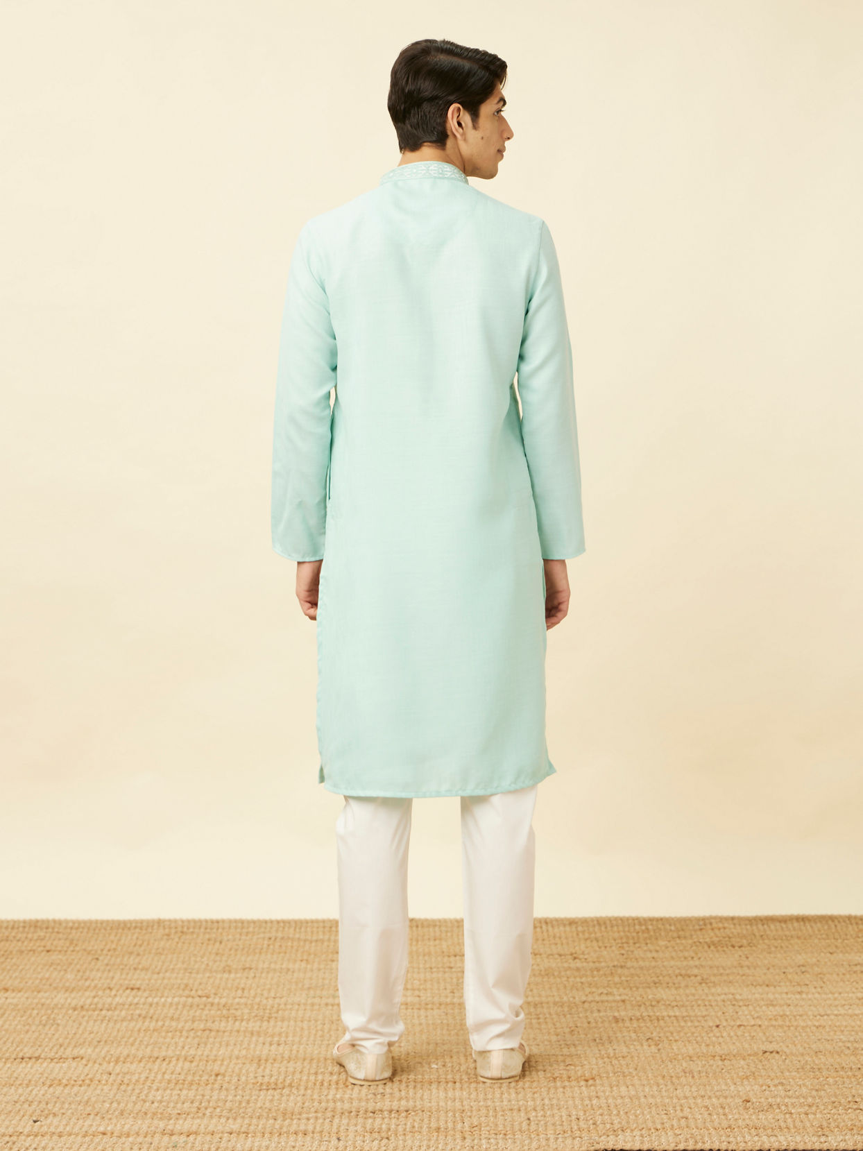 Manyavar Men Tropical Blue Embroidered Neckline Kurta Set