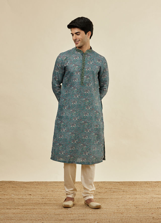 Manyavar Men Mint Green Printed Kurta Set
