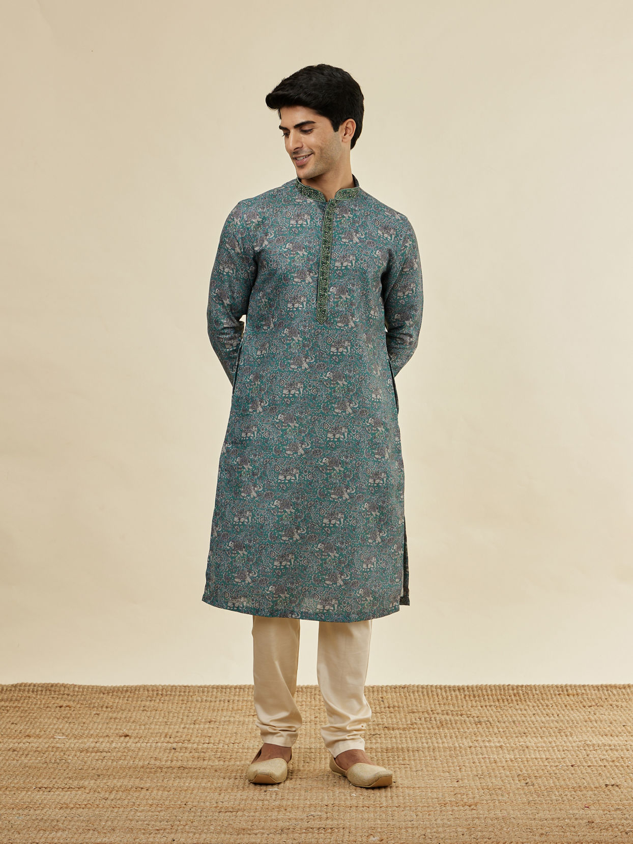 Manyavar Men Mint Green Printed Kurta Set