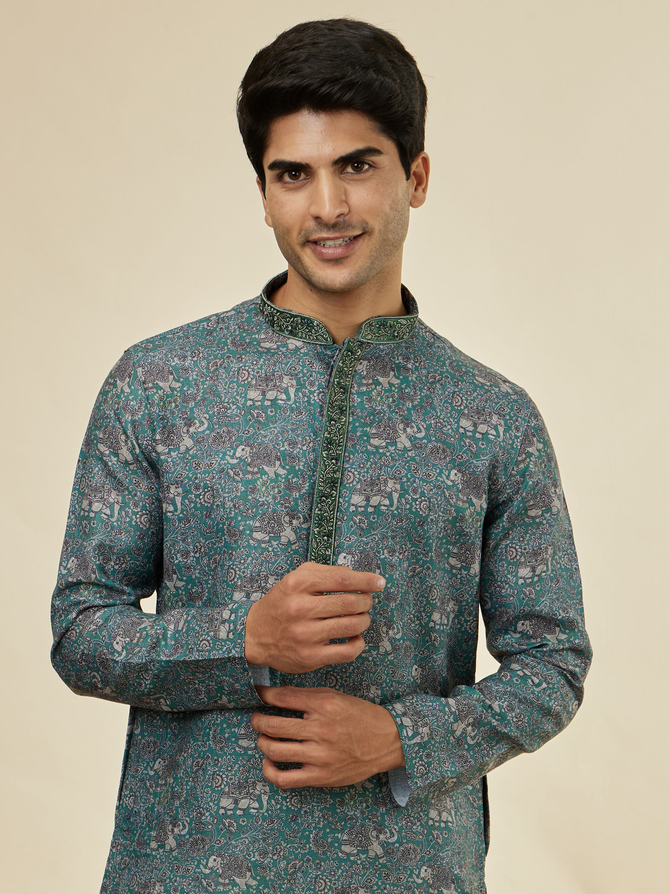 Manyavar Men Mint Green Printed Kurta Set