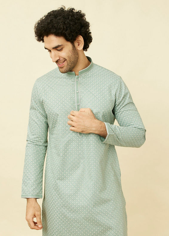 Manyavar Men Turkish Green Diamond Patterned Kurta Set