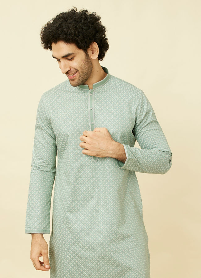 alt message - Manyavar Men Turkish Green Diamond Patterned Kurta Set image number 0