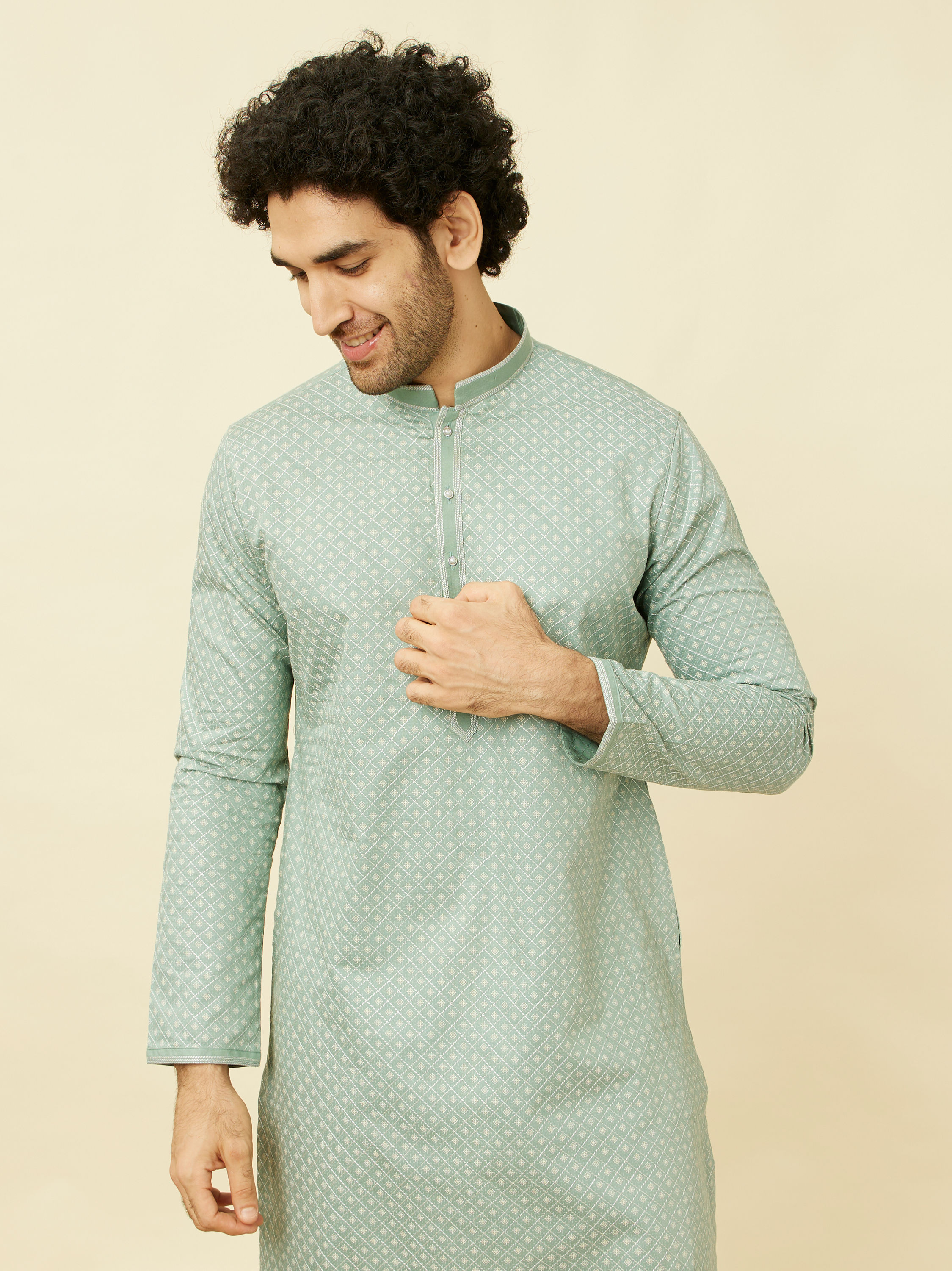 Manyavar Men Turkish Green Diamond Patterned Kurta Set